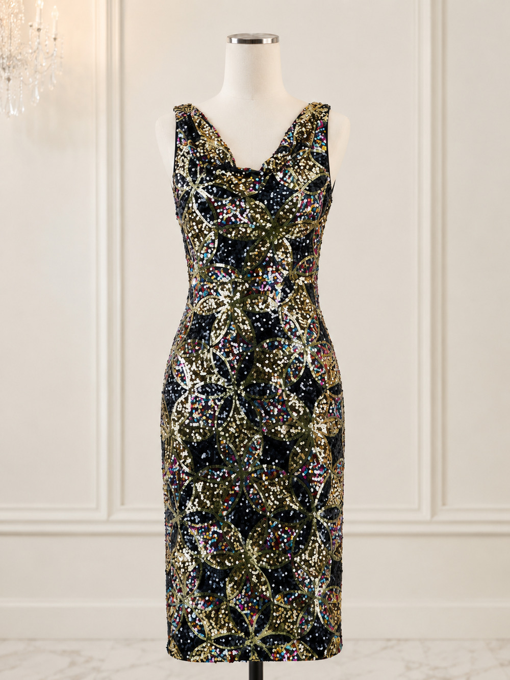 NWT Kensie Sz 10 Black Multi Floral Sequin Cowl Neck Cocktail Dress $138